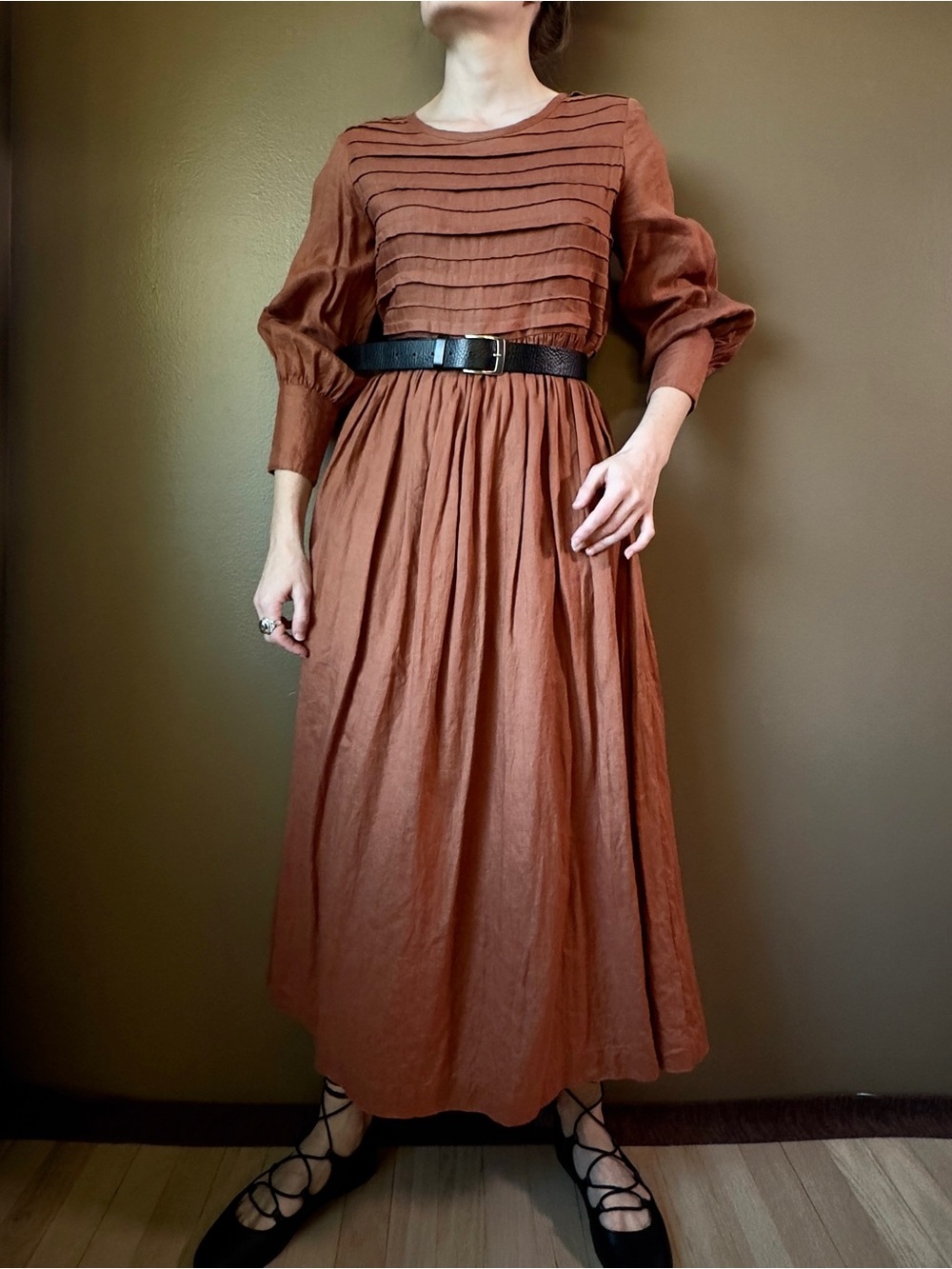 Linennaive Long Sleeve Pleated Maxi Linen Dress - Picture 6 of 10